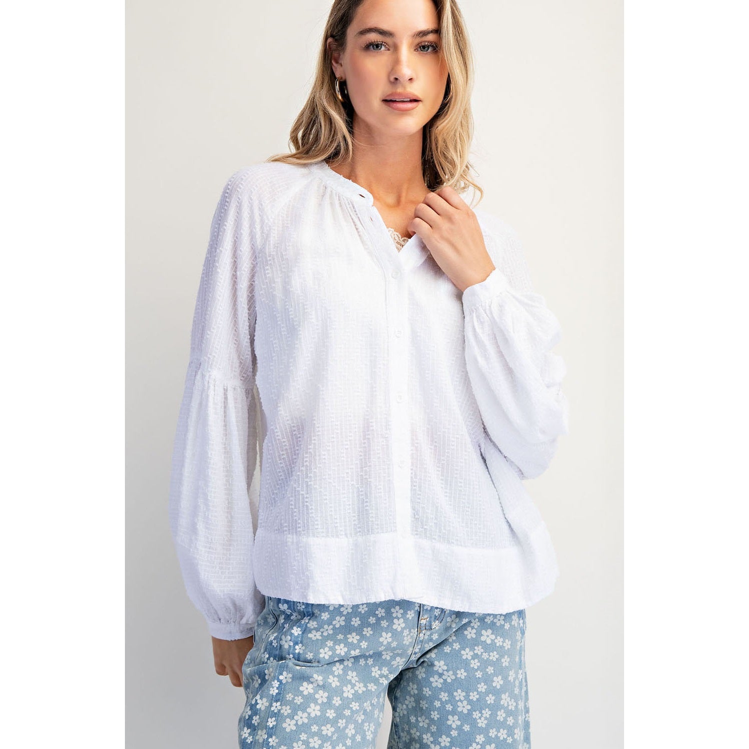 The Gracelyn Balloon Sleeve Top in White — romantic balloon sleeves with voluminous shirring and hidden front placket, 100% organic cotton boho blouse by Cotierra