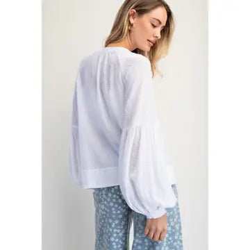 The Gracelyn Balloon Sleeve Top in White — romantic balloon sleeves with voluminous shirring and hidden front placket, 100% organic cotton boho blouse by Cotierra Back view