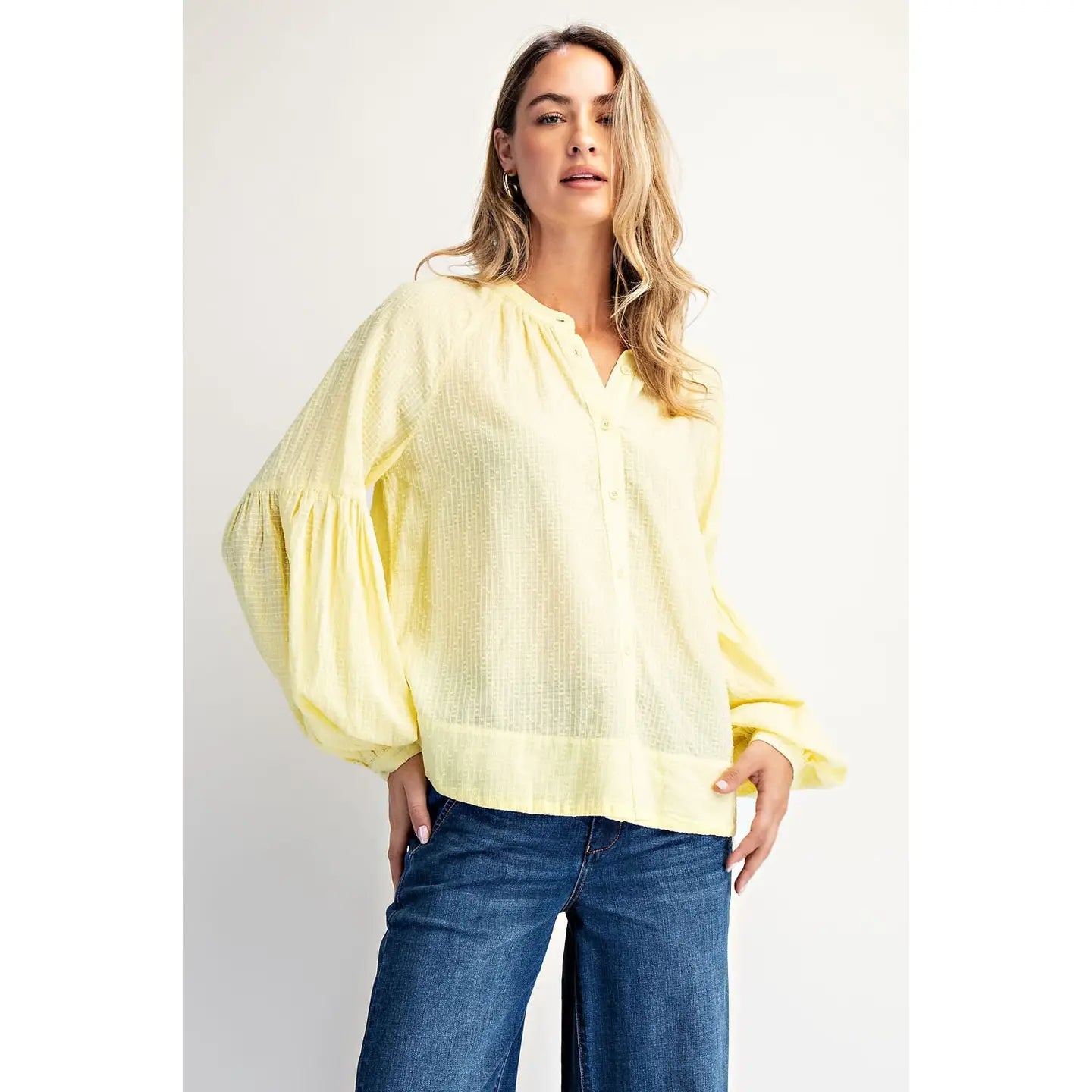 The Gracelyn Balloon Sleeve Top in Lemon — front view, voluminous balloon sleeves with shirring and hidden placket, boho-luxe organic cotton blouse by Cotierra