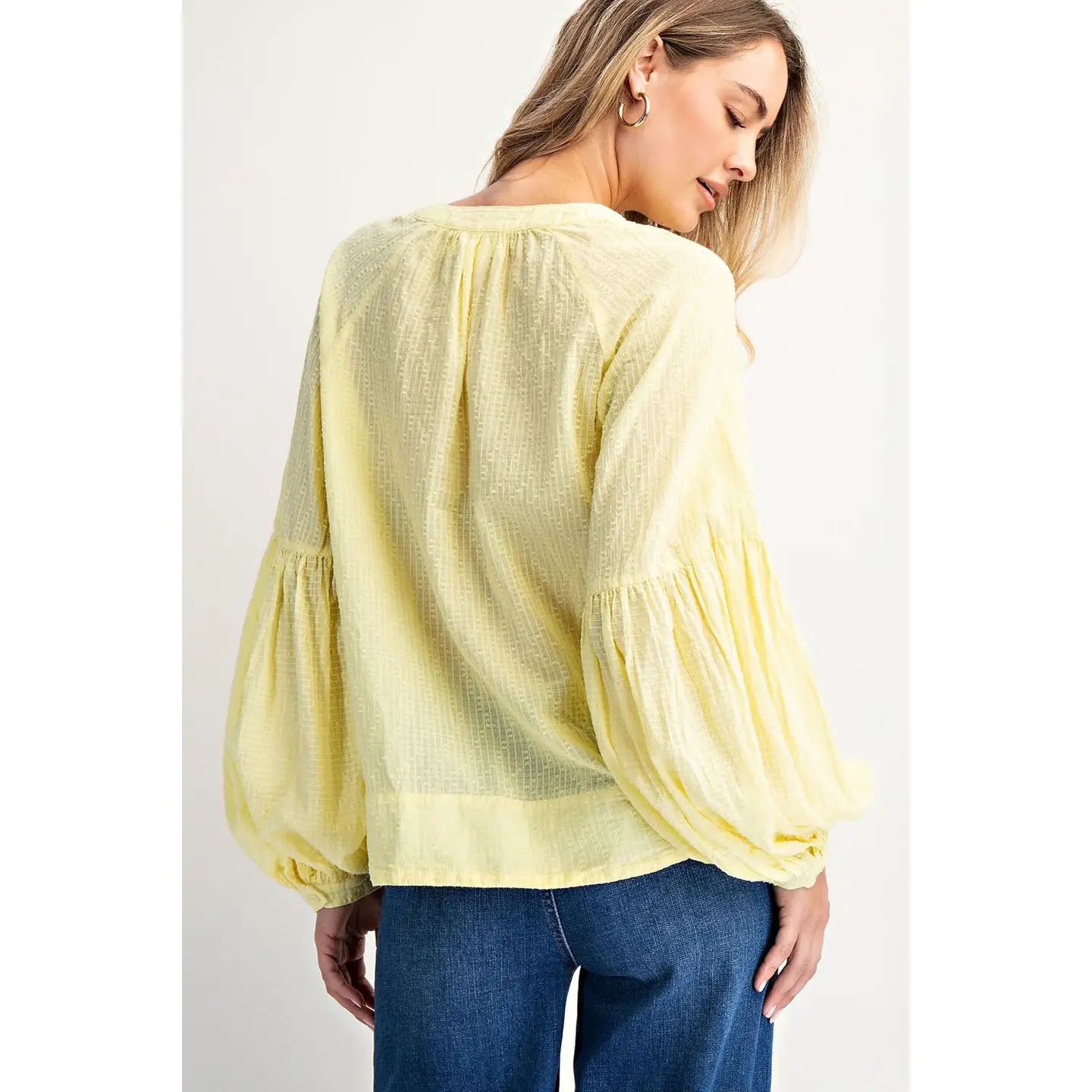 The Gracelyn Balloon Sleeve Top in Lemon Back view—, voluminous balloon sleeves with shirring and hidden placket, boho-luxe organic cotton blouse by Cotierra